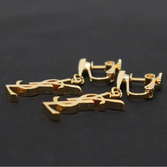 Yves Saint Laurent Gold Monogram Earrings - Picture 6 of 6